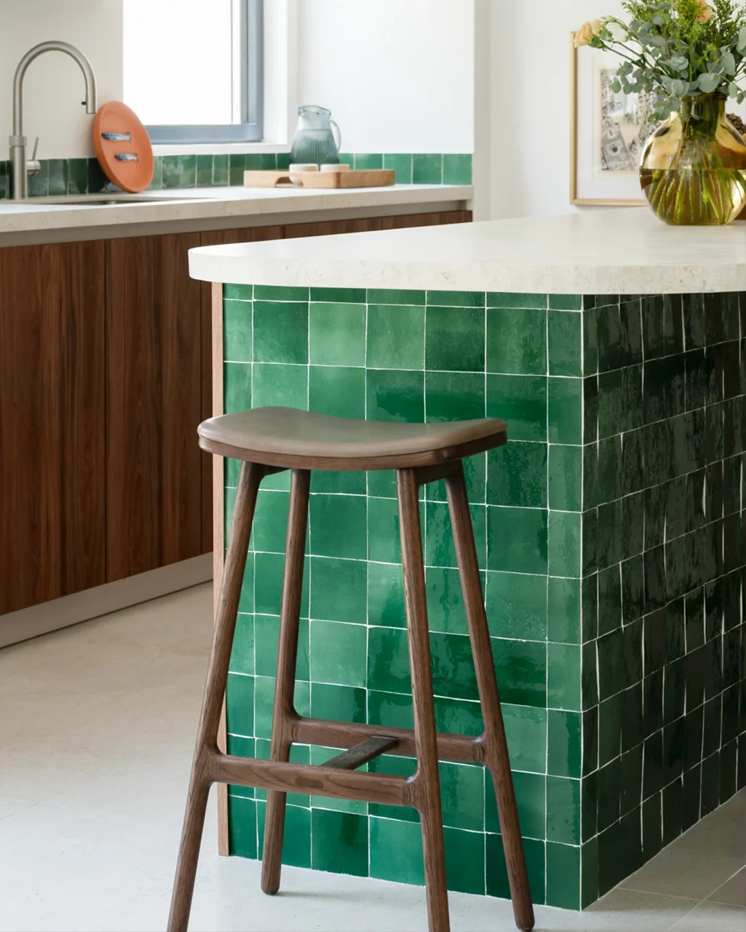 Tiled Kitchen Isle with green zellige